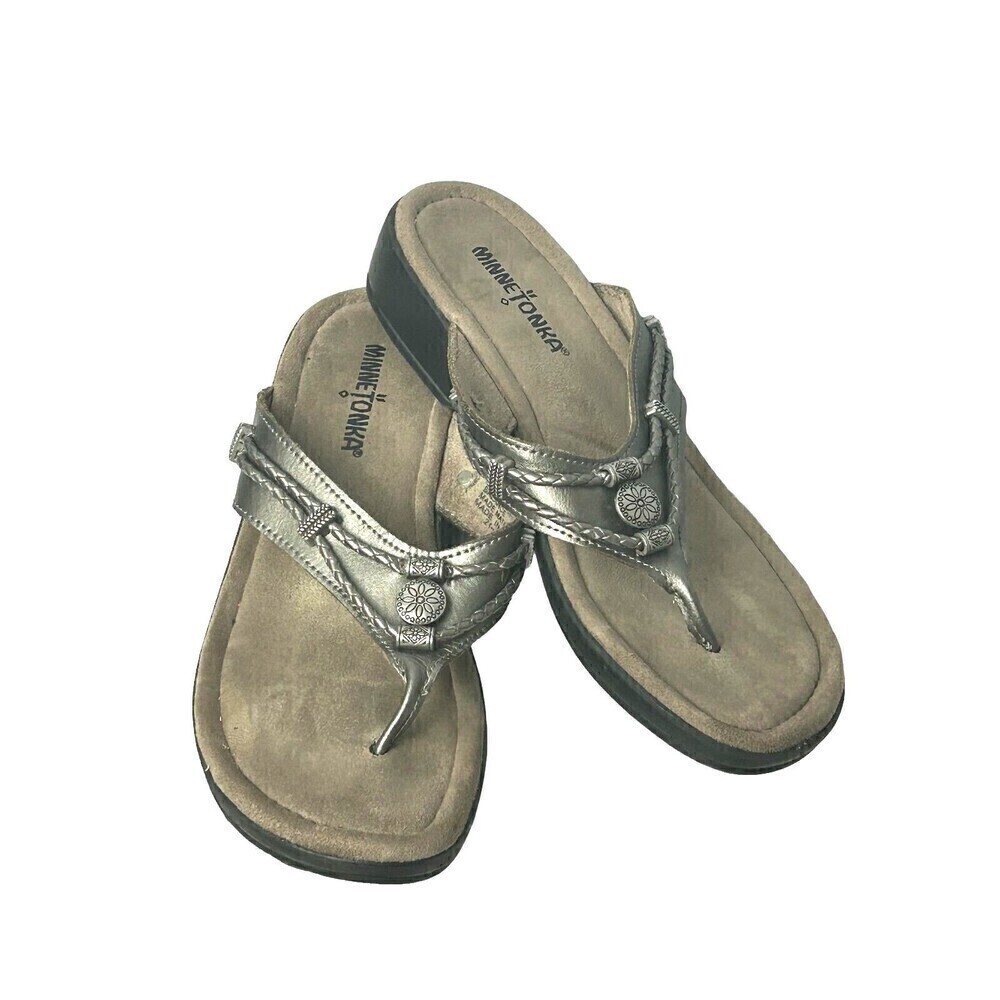 Minnetonka Sandal Women 8 Pewter Leather Silverthorne Thong Slip On Flip Flop Rk